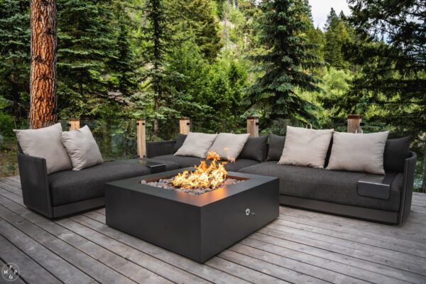 square black fire pit burning